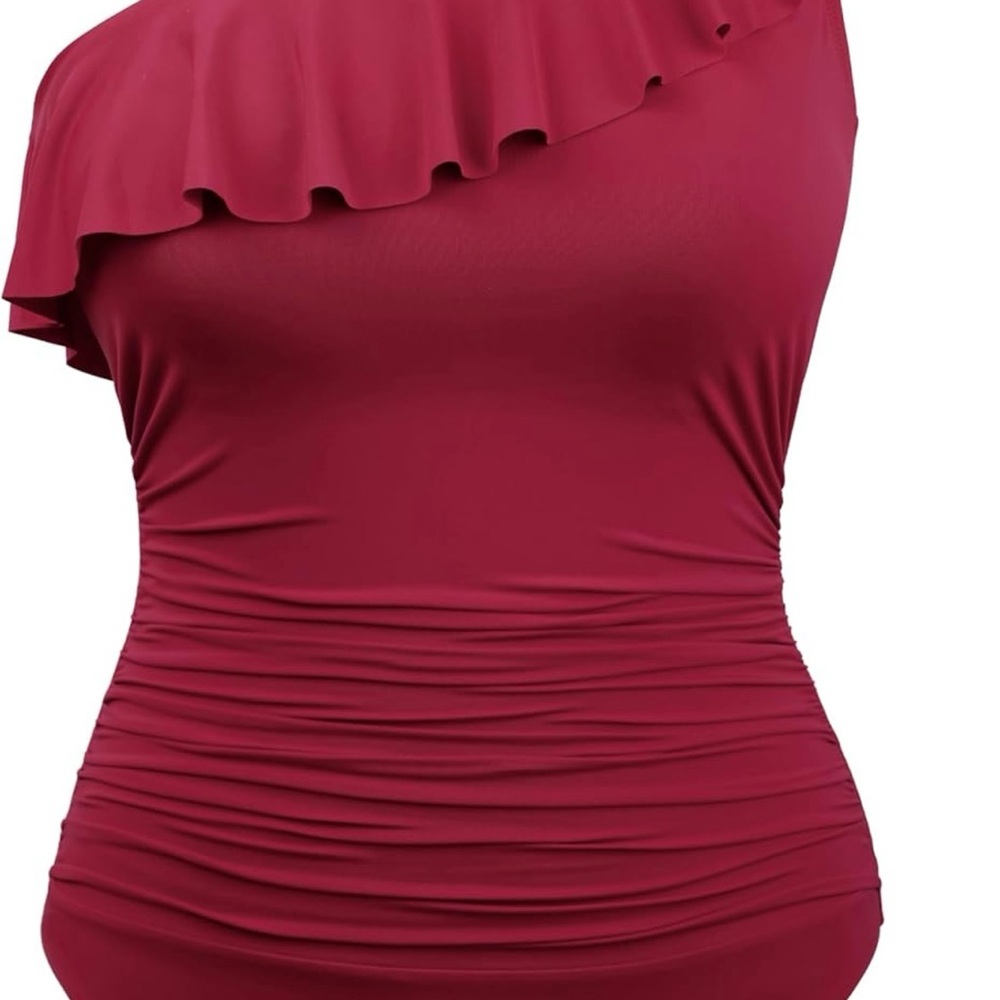 Chic One-Shoulder Ruffle Swimsuit in Deep Red - Picture 3 of 3